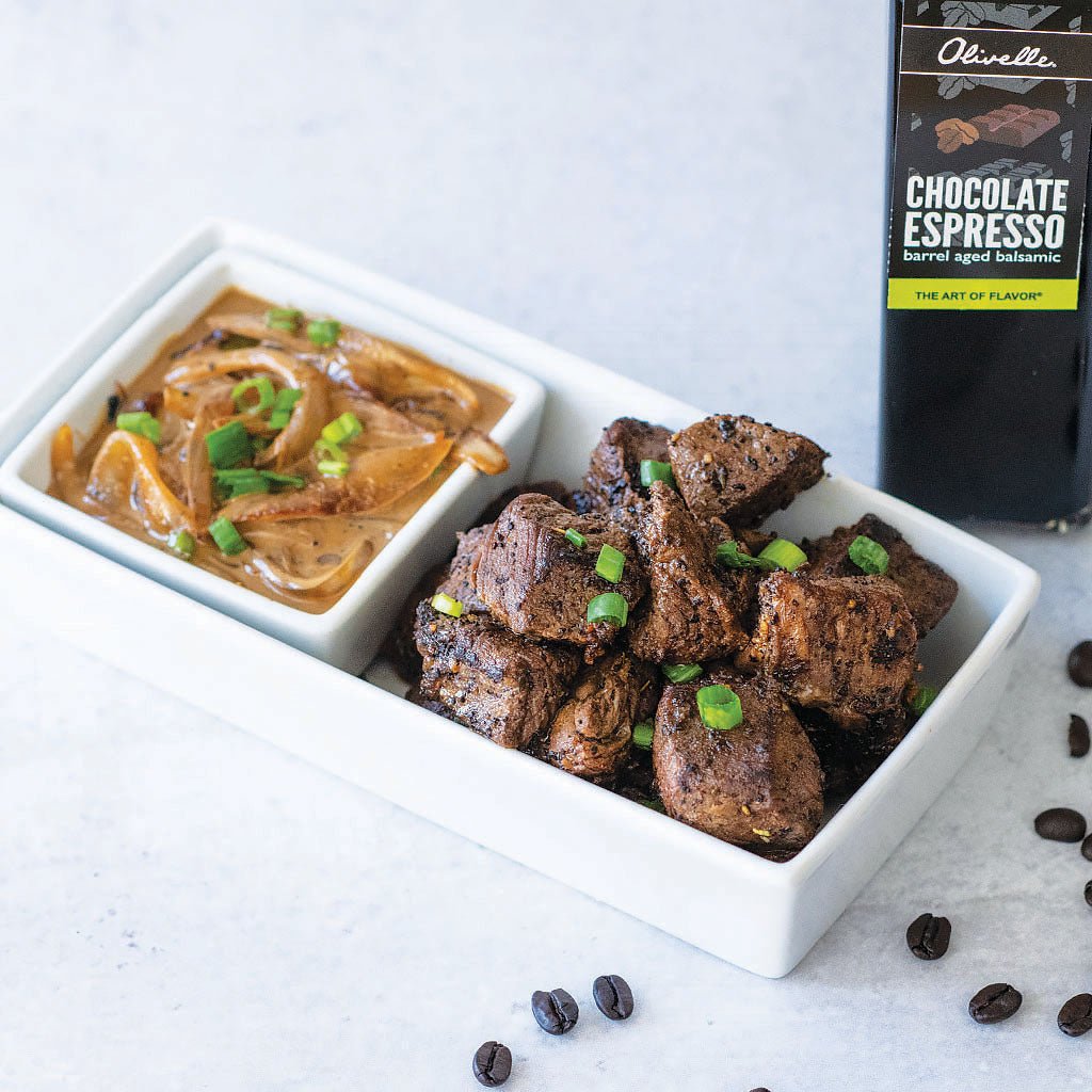 Coffee Steak Tips with Caramelized Onion Balsamic Whiskey Cream Sauce - SEARED LIVING
