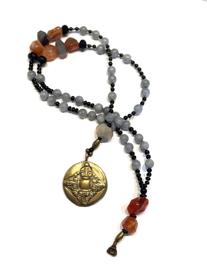 Want a Statement Mala Necklace? Carnelian & Blue Jasper Meditation Beads with Brass Guru Pendant – Boho Prayer Jewelry