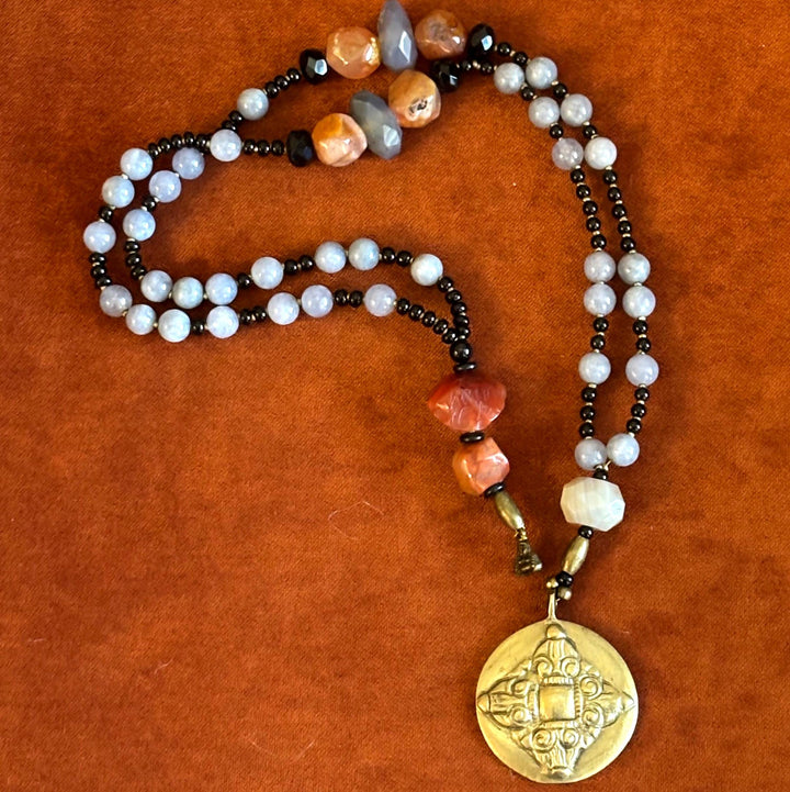 Want a Statement Mala Necklace? Carnelian & Blue Jasper Meditation Beads with Brass Guru Pendant – Boho Prayer Jewelry