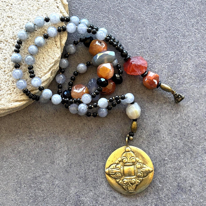 Want a Statement Mala Necklace? Carnelian & Blue Jasper Meditation Beads with Brass Guru Pendant – Boho Prayer Jewelry