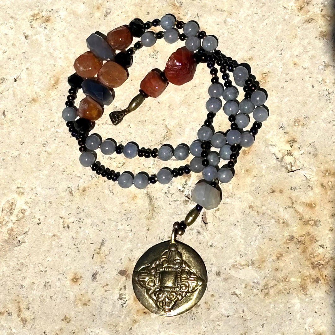 Want a Statement Mala Necklace? Carnelian & Blue Jasper Meditation Beads with Brass Guru Pendant – Boho Prayer Jewelry