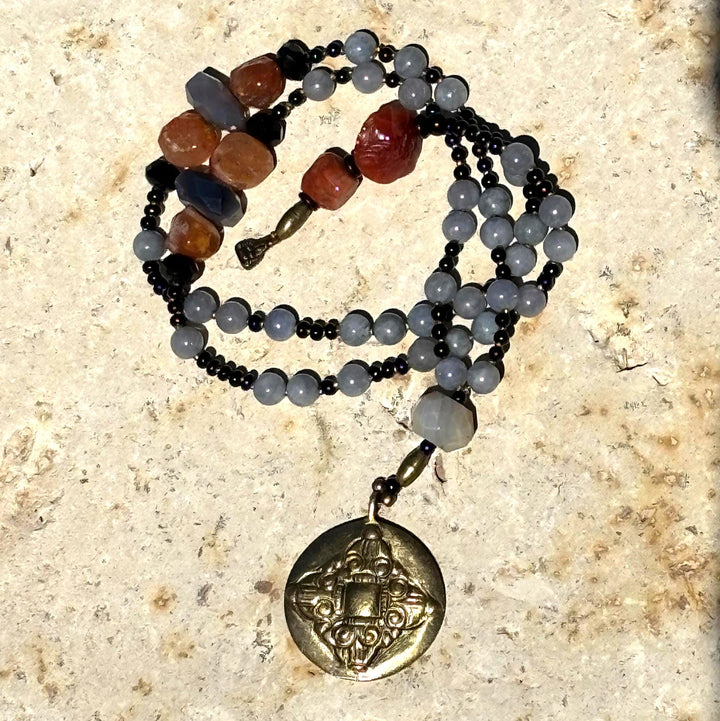 Want a Statement Mala Necklace? Carnelian & Blue Jasper Meditation Beads with Brass Guru Pendant – Boho Prayer Jewelry