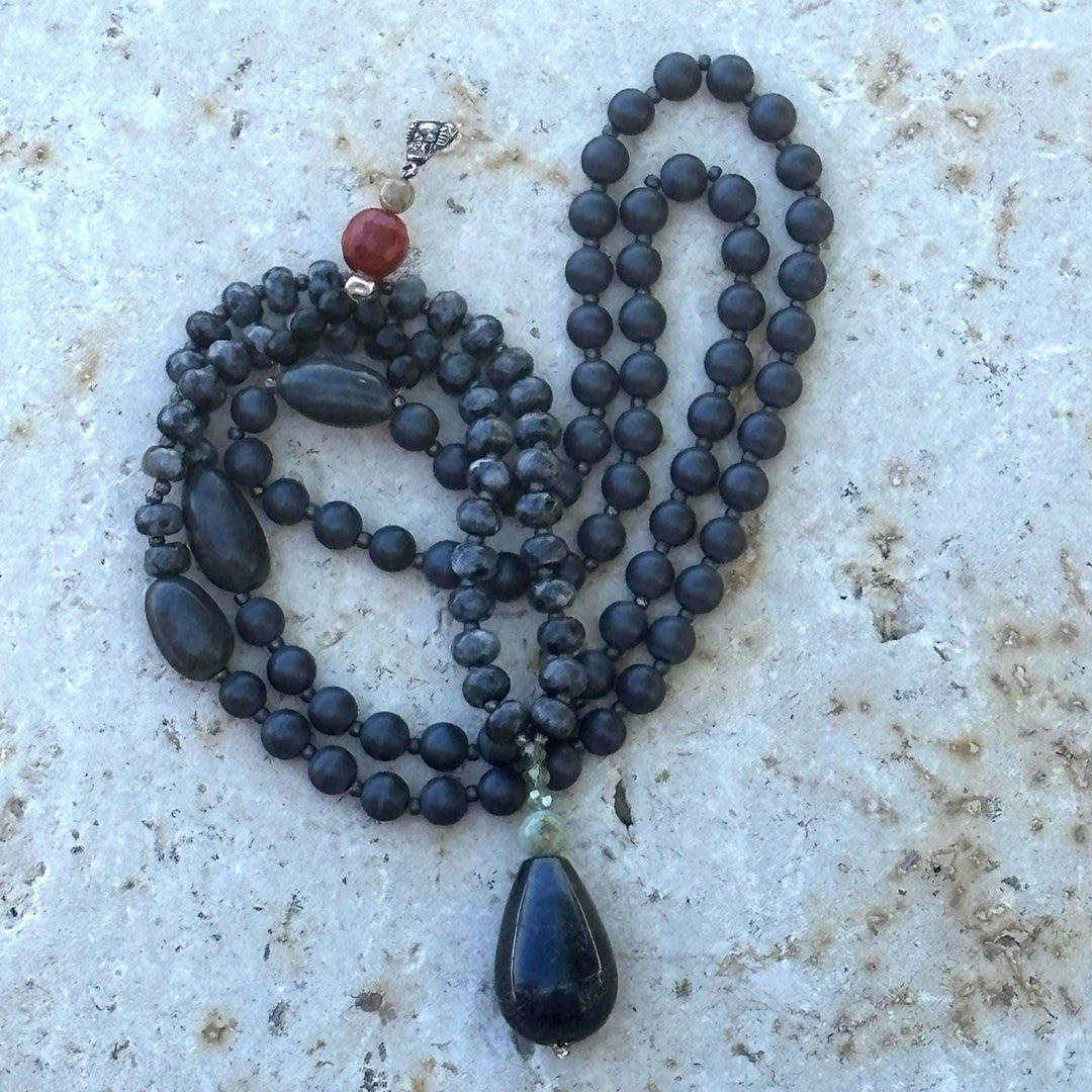Jasper Mala Necklace Meditation Jewelry Boho Style Guru Bead Design Elements Black Prayer Beads Mindfulness Practice Spiritual Healing