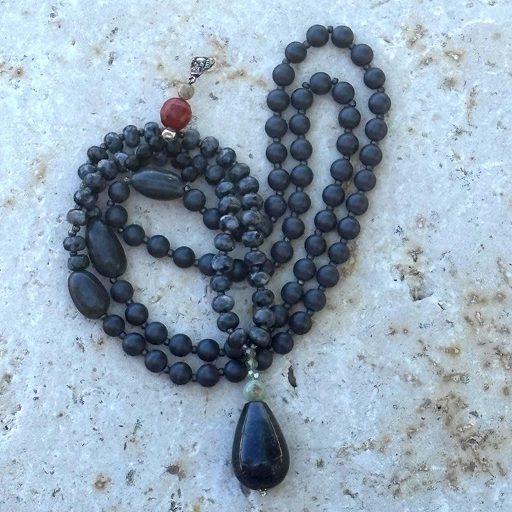 Jasper Mala Necklace Meditation Jewelry Boho Style Guru Bead Design Elements Black Prayer Beads Mindfulness Practice Spiritual Healing