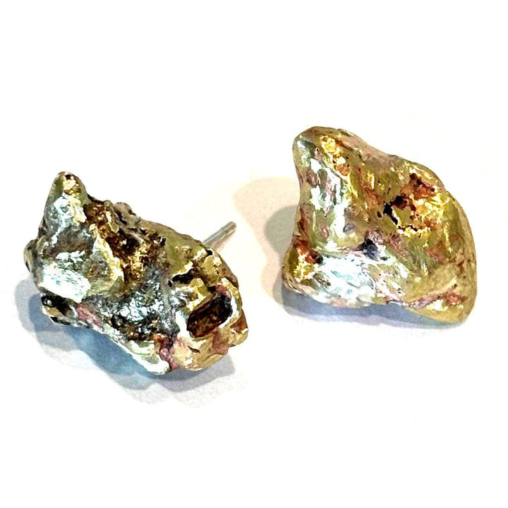 Rustic Gold Nugget Mixed Metal Stud Earrings 1/2" Diameter Handcrafted Artisan Design Brass Copper and Sterling Silver Boho Jewelry Gift