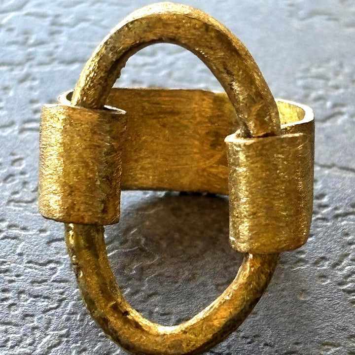 Brushed Gold Ring Bold Statement Brass Jewelry Handmade Design Geometric Artisan Metal Piece Sculptural Style Modern Aesthetic Matte Finish