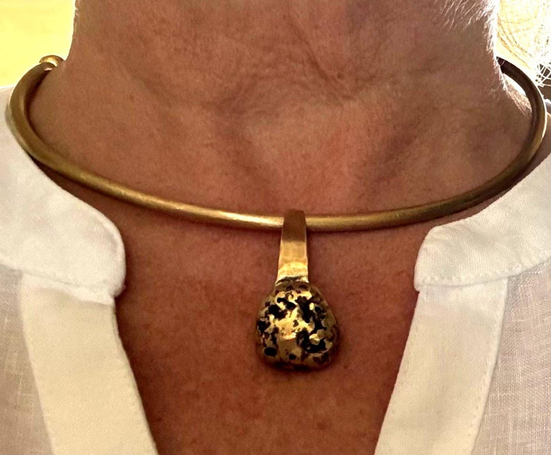 Brass Collar Necklace Removable Nugget Pendant Statement Choker Modern Design Artisan Jewelry Bohemian Style Gold Tone Layering Piece