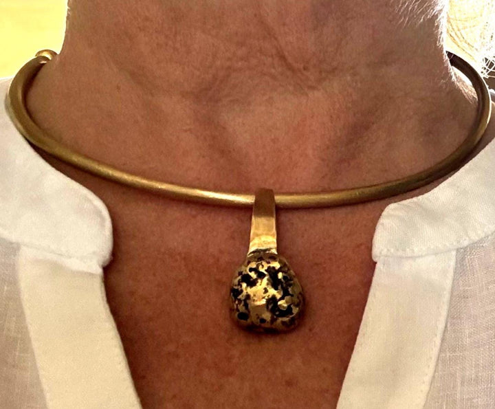 Brass Collar Necklace Removable Nugget Pendant Statement Choker Modern Design Artisan Jewelry Bohemian Style Gold Tone Layering Piece