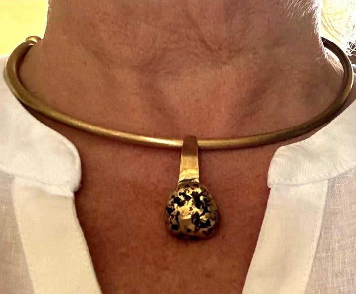 Brass Collar Necklace Removable Nugget Pendant Statement Choker Modern Design Artisan Jewelry Bohemian Style Gold Tone Layering Piece