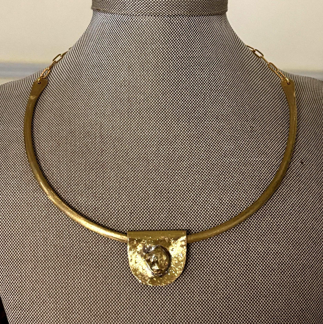 Brass Collar Necklace Removable Pendant Nugget Statement Choker Bold Jewelry Handcrafted Design Modern Ancient Inspired Accessory Artistic