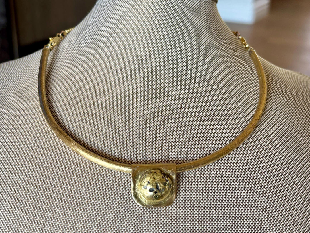 Brass Collar Necklace Removable Pendant Nugget Statement Choker Bold Jewelry Handcrafted Design Modern Ancient Inspired Accessory Artistic