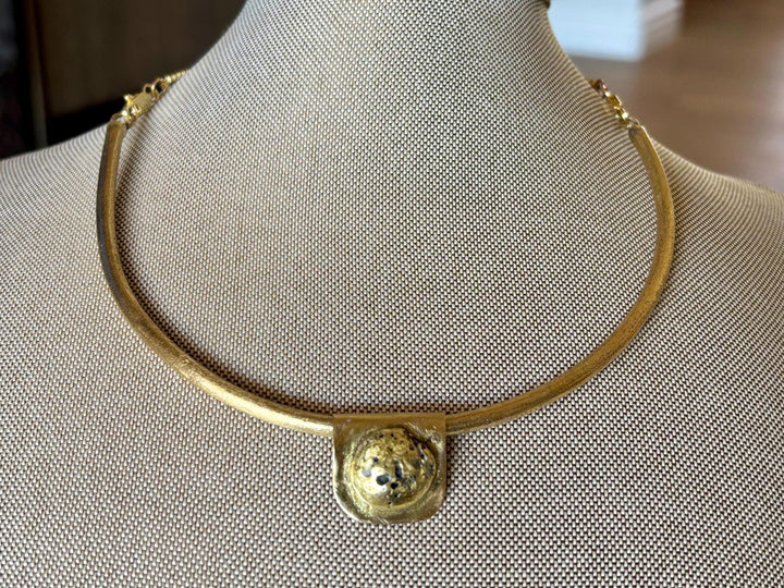 Brass Collar Necklace Removable Pendant Nugget Statement Choker Bold Jewelry Handcrafted Design Modern Ancient Inspired Accessory Artistic