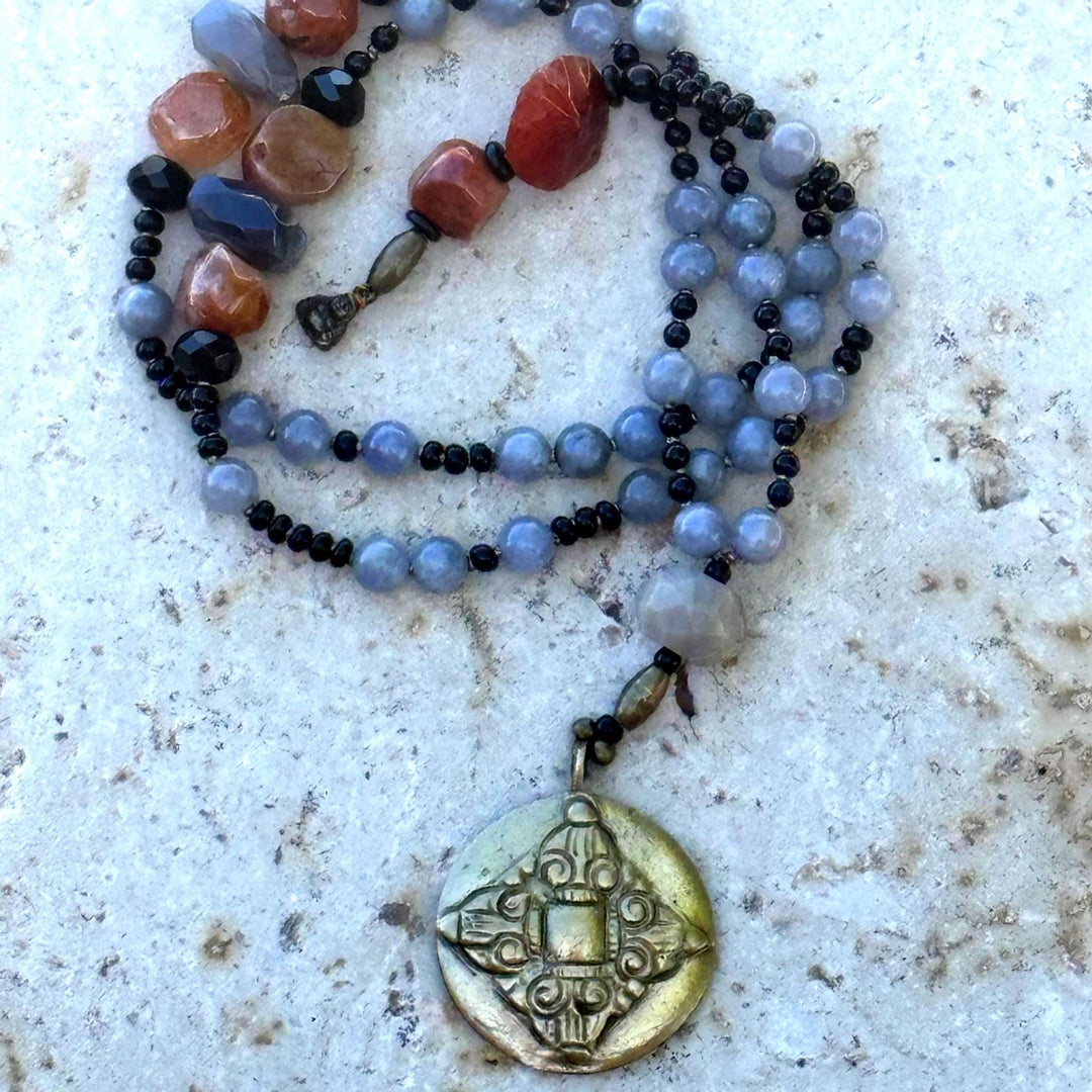 Want a Statement Mala Necklace? Carnelian & Blue Jasper Meditation Beads with Brass Guru Pendant – Boho Prayer Jewelry