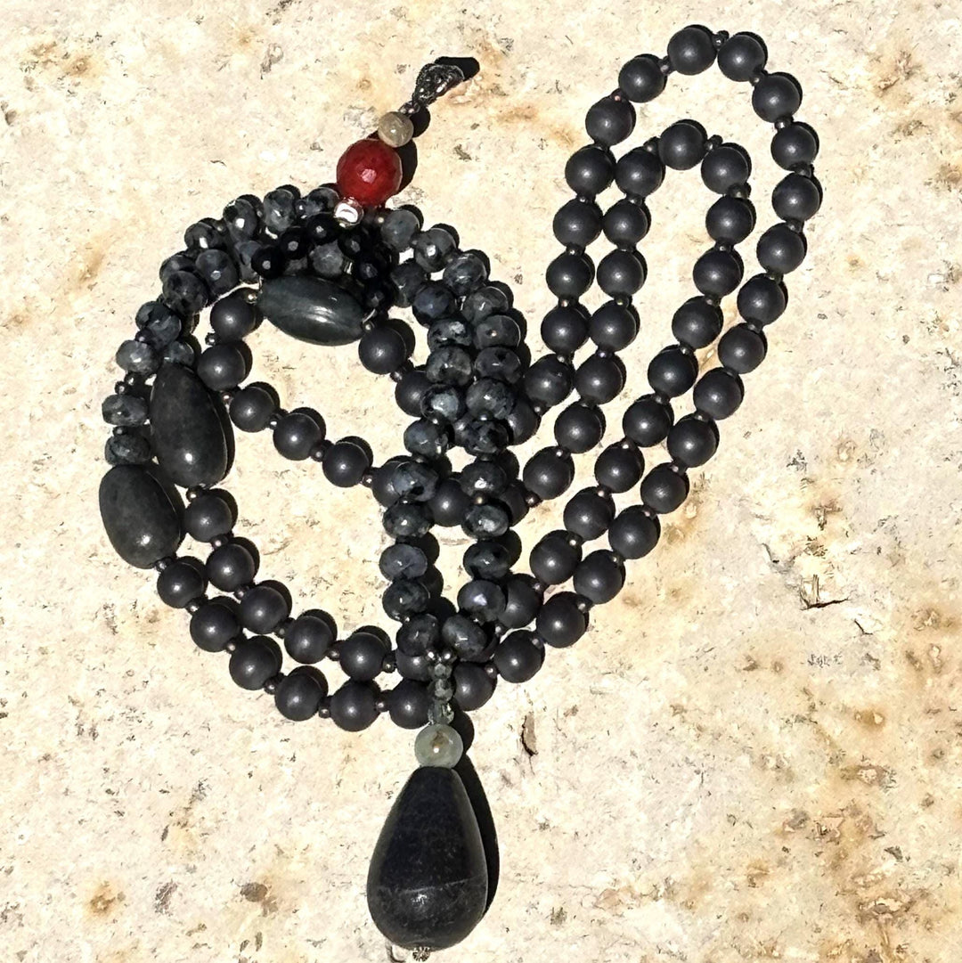 Jasper Mala Necklace Meditation Jewelry Boho Style Guru Bead Design Elements Black Prayer Beads Mindfulness Practice Spiritual Healing
