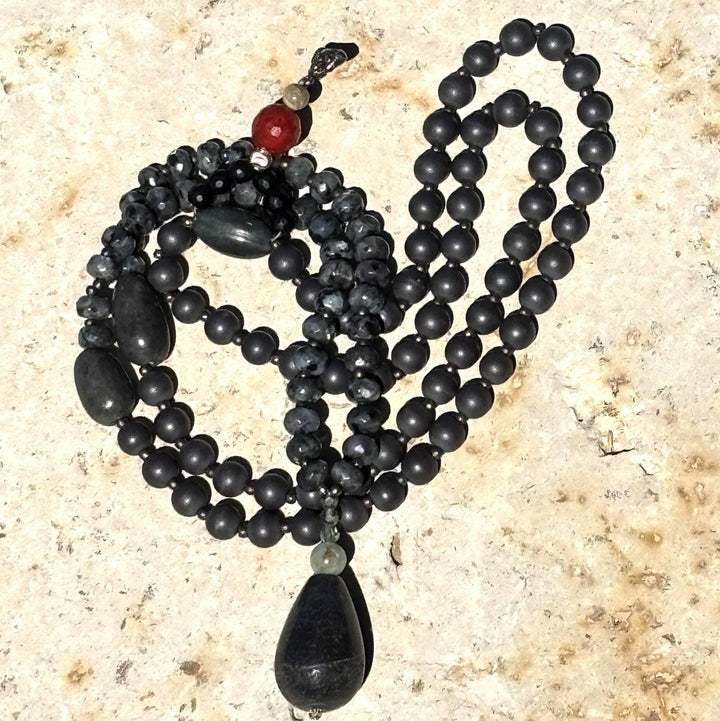 Jasper Mala Necklace Meditation Jewelry Boho Style Guru Bead Design Elements Black Prayer Beads Mindfulness Practice Spiritual Healing