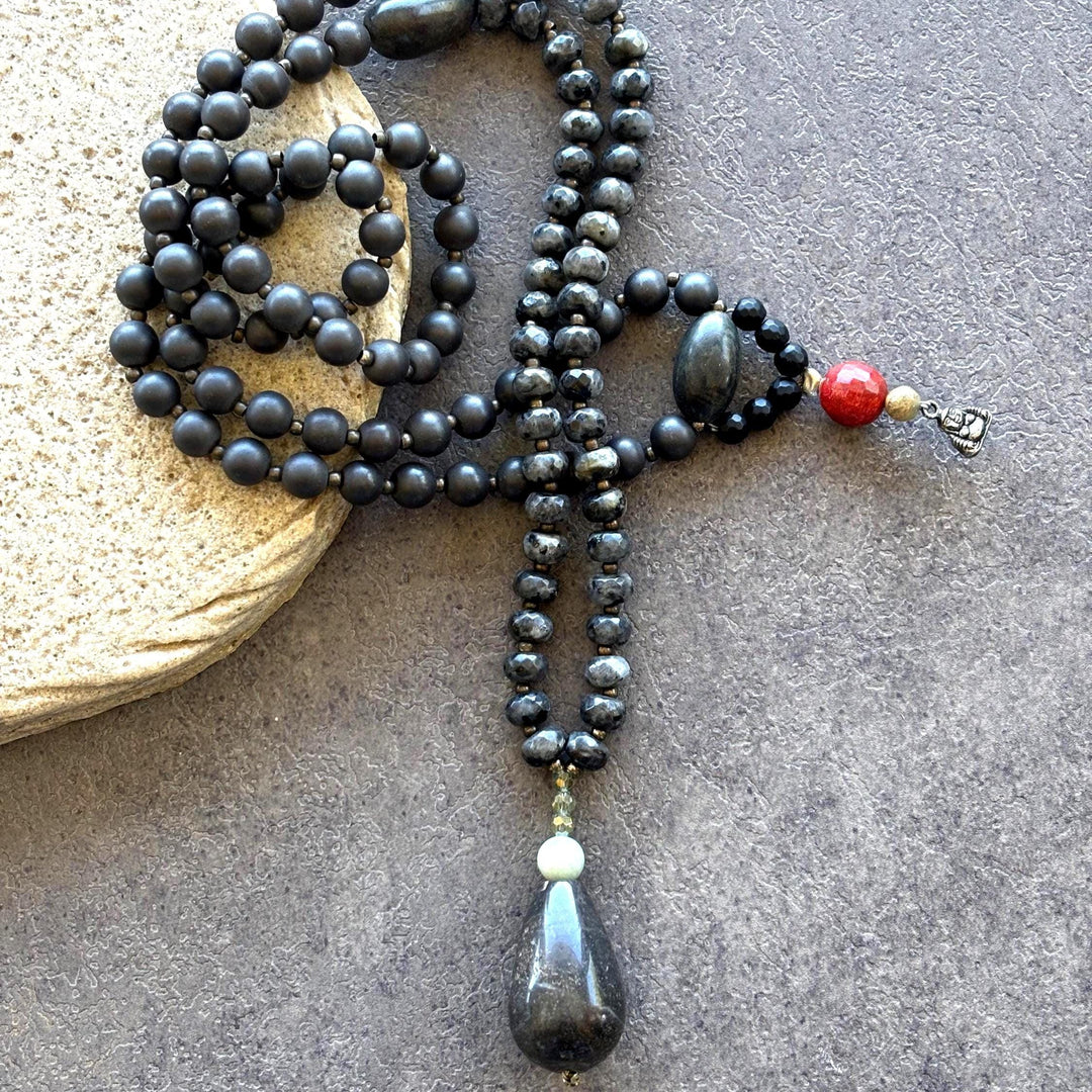 Jasper Mala Necklace Meditation Jewelry Boho Style Guru Bead Design Elements Black Prayer Beads Mindfulness Practice Spiritual Healing