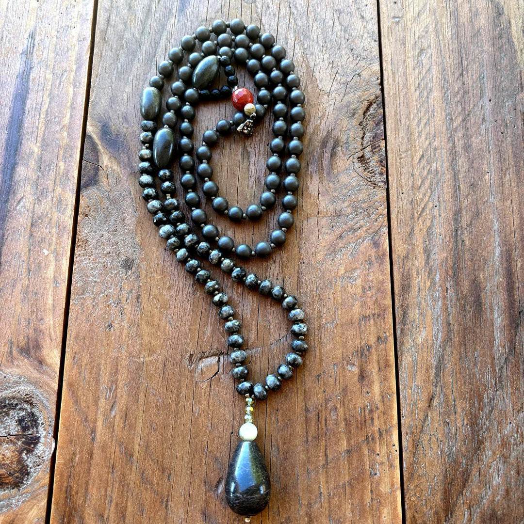 Jasper Mala Necklace Meditation Jewelry Boho Style Guru Bead Design Elements Black Prayer Beads Mindfulness Practice Spiritual Healing