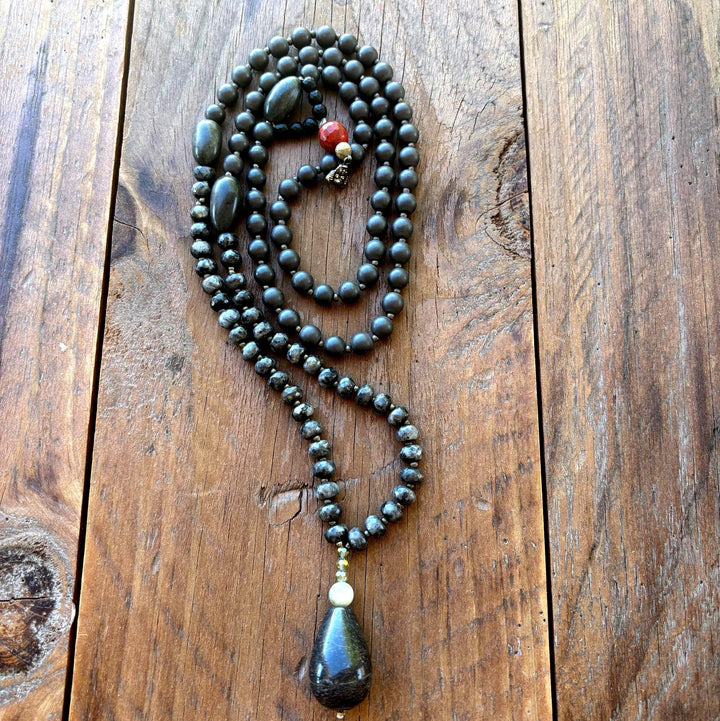 Jasper Mala Necklace Meditation Jewelry Boho Style Guru Bead Design Elements Black Prayer Beads Mindfulness Practice Spiritual Healing