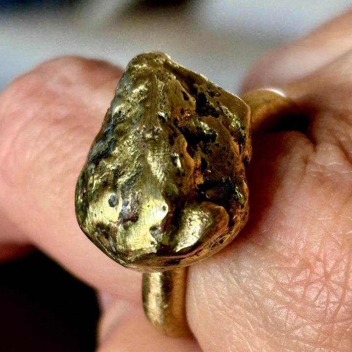 Brass Nugget Ring Bold Design Statement Piece Handcrafted Jewelry Rustic Style Boho Accessory Unisex Band Textured Metal Artisan Crafted