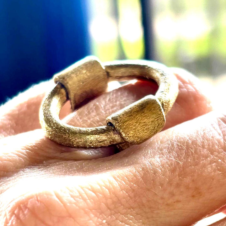 Brushed Gold Ring Bold Statement Brass Jewelry Handmade Design Geometric Artisan Metal Piece Sculptural Style Modern Aesthetic Matte Finish