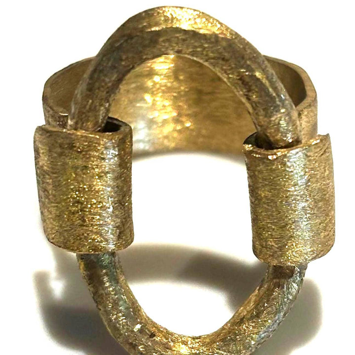 Brushed Gold Ring Bold Statement Brass Jewelry Handmade Design Geometric Artisan Metal Piece Sculptural Style Modern Aesthetic Matte Finish