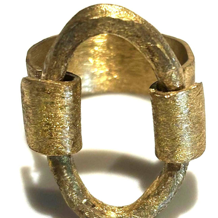 Brushed Gold Ring Bold Statement Brass Jewelry Handmade Design Geometric Artisan Metal Piece Sculptural Style Modern Aesthetic Matte Finish