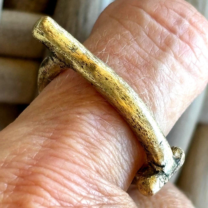 Rustic Brass Ring Mixed Metal Stacking Band Handmade Jewelry Boho Style Statement Piece Raw Finish Textured Design Artisan Crafted Silver