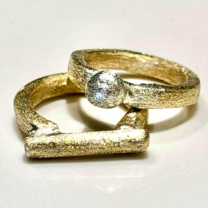 Rustic Brass Ring Mixed Metal Stacking Band Handmade Jewelry Boho Style Statement Piece Raw Finish Textured Design Artisan Crafted Silver