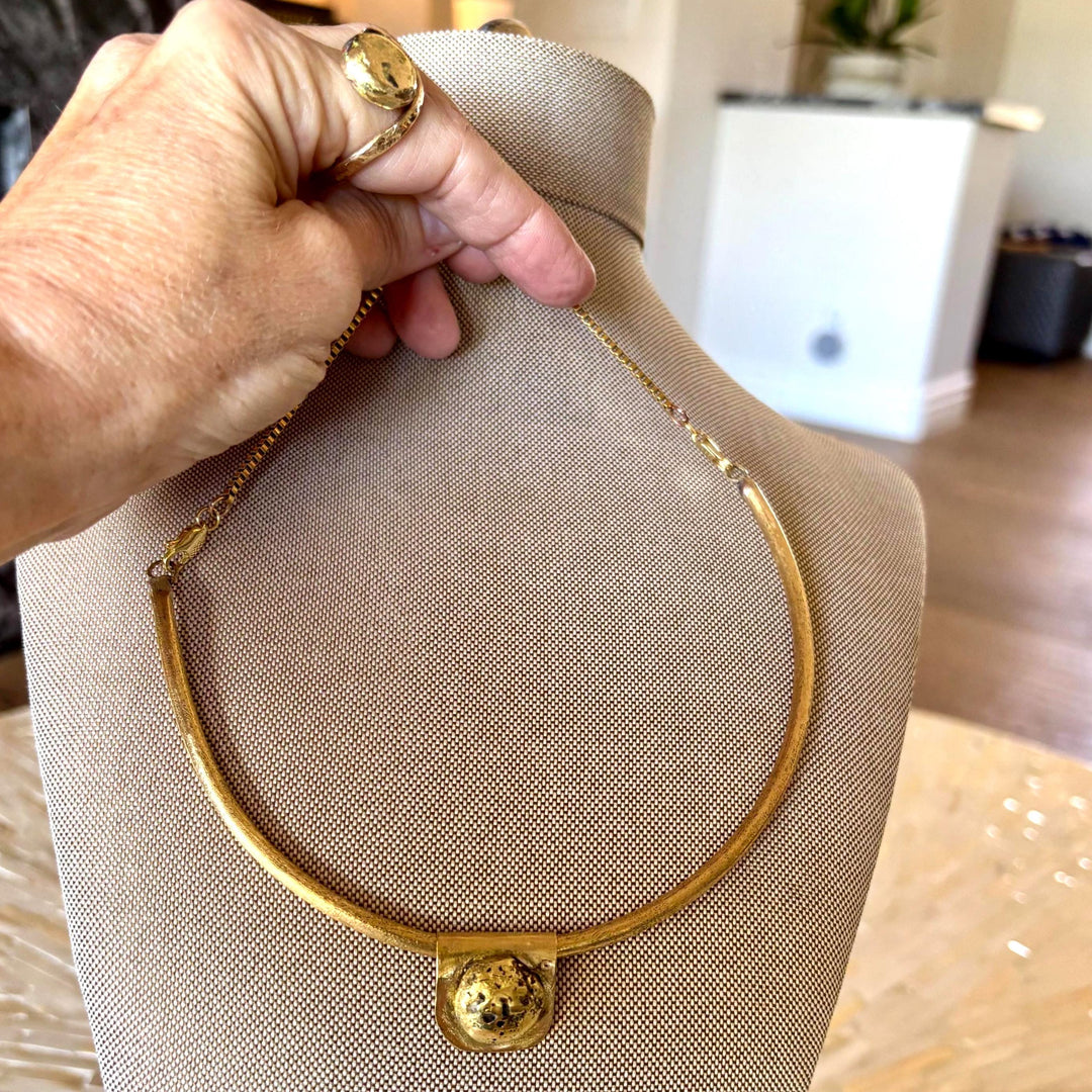 Brass Collar Necklace Removable Pendant Nugget Statement Choker Bold Jewelry Handcrafted Design Modern Ancient Inspired Accessory Artistic