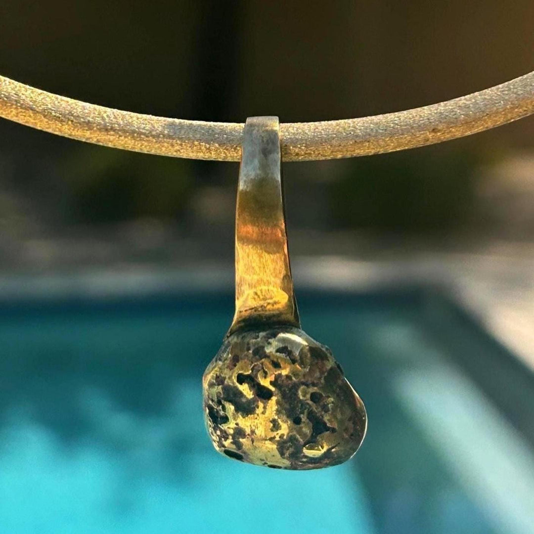 Brass Collar Necklace Removable Nugget Pendant Statement Choker Modern Design Artisan Jewelry Bohemian Style Gold Tone Layering Piece