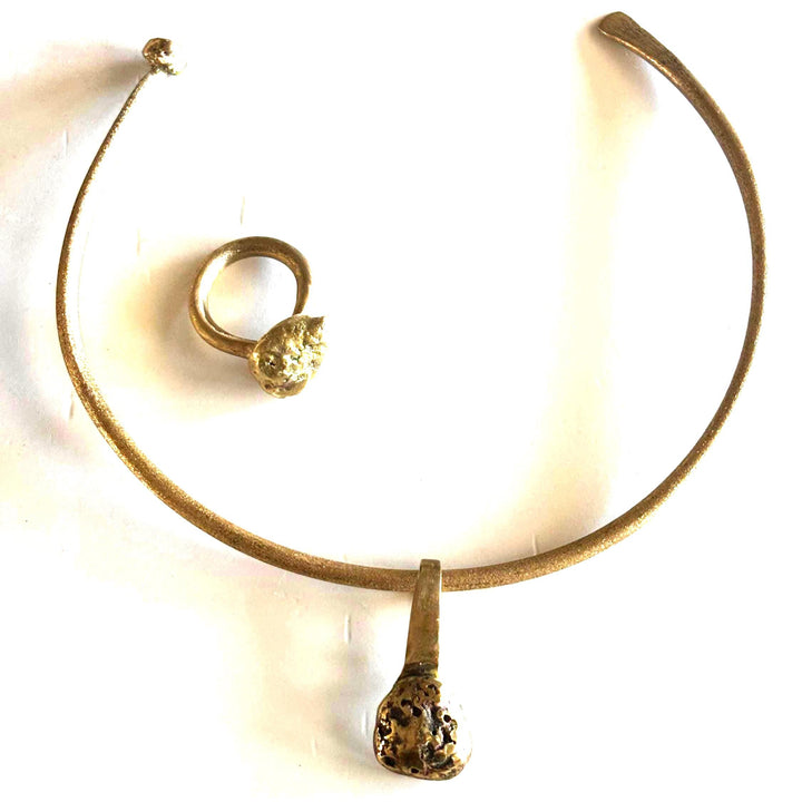 Brass Collar Necklace Removable Nugget Pendant Statement Choker Modern Design Artisan Jewelry Bohemian Style Gold Tone Layering Piece