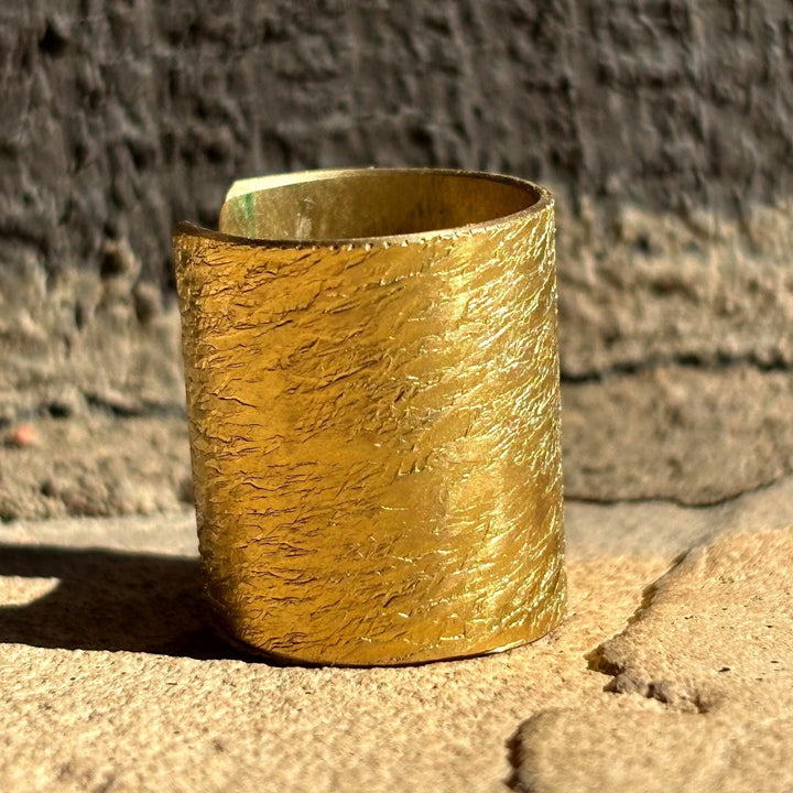 Brass Statement Ring Hammered Design Textured Band Adjustable Size Gold Finish Bohemian Style Minimalist Jewelry Birthday Gift Handcrafted