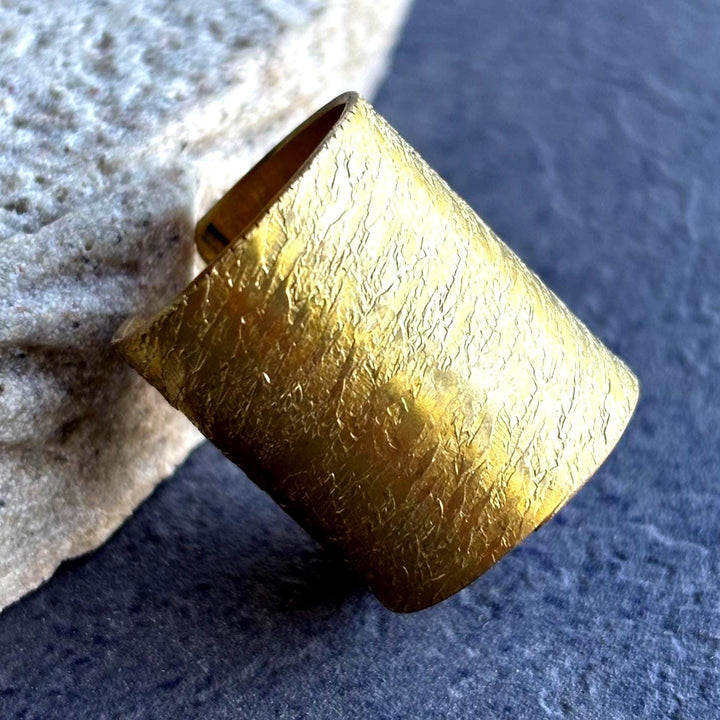 Brass Statement Ring Hammered Design Textured Band Adjustable Size Gold Finish Bohemian Style Minimalist Jewelry Birthday Gift Handcrafted