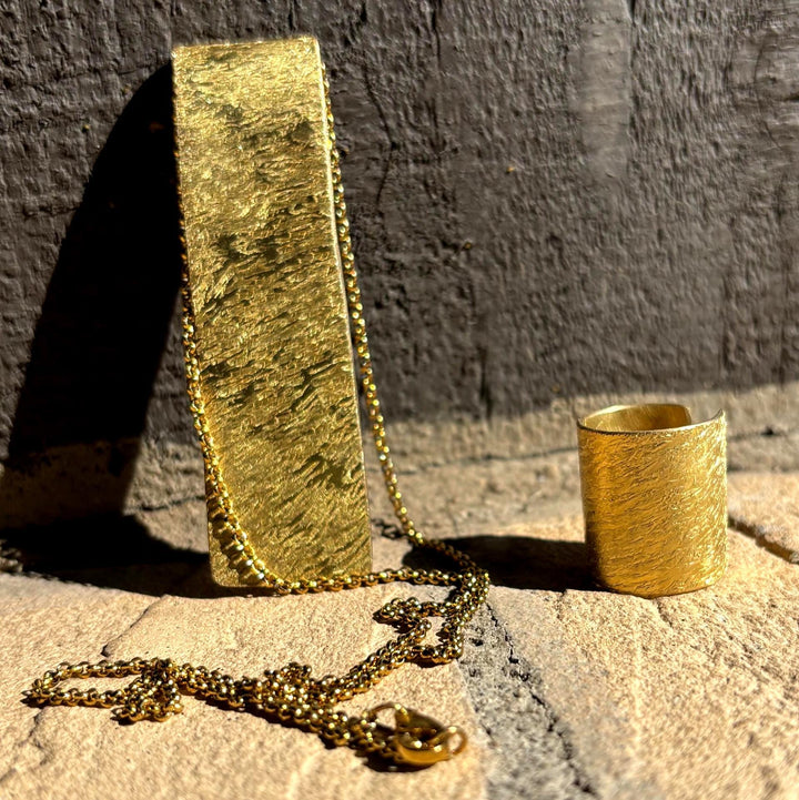 Brass Statement Ring Hammered Design Textured Band Adjustable Size Gold Finish Bohemian Style Minimalist Jewelry Birthday Gift Handcrafted