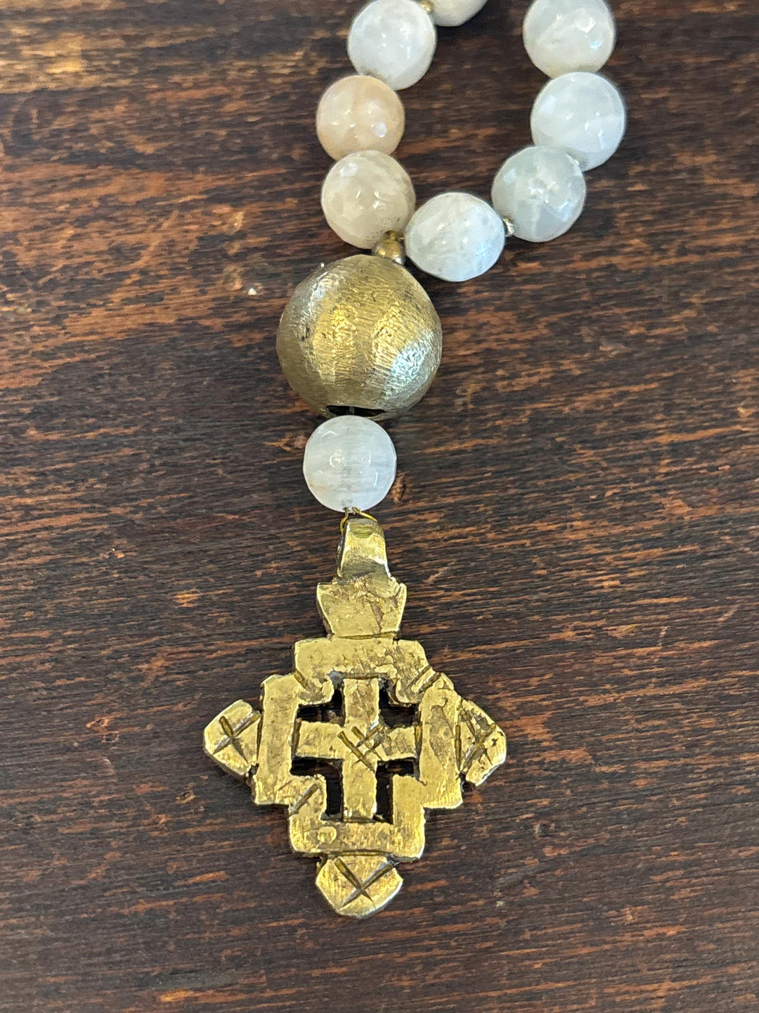 Moonstone Mala Necklace Prayer Beads Meditation Strand Spiritual Healing Crystal Jewelry Boho Style Yoga Accessories Brass Cross Pendant