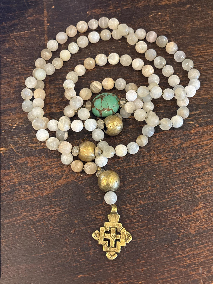 Moonstone Mala Necklace Prayer Beads Meditation Strand Spiritual Healing Crystal Jewelry Boho Style Yoga Accessories Brass Cross Pendant