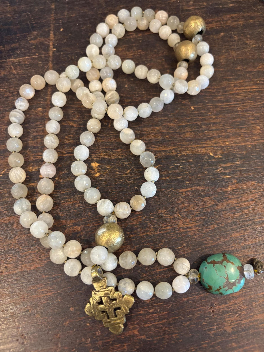 Moonstone Mala Necklace Prayer Beads Meditation Strand Spiritual Healing Crystal Jewelry Boho Style Yoga Accessories Brass Cross Pendant