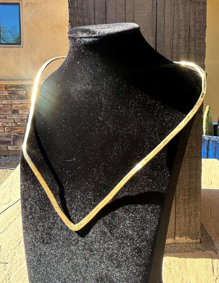 Brass Choker Necklace V Shape Minimalist Design Statement Piece Geometric Jewelry Bold Accessory Adjustable Size Neck Adornment Textured