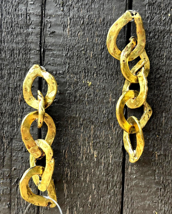 Brass Link Chain Earrings – Hand Forged Organic Link Dangle Earrings, Sterling Silver Posts, Sculptural Statement Chain Jewelry