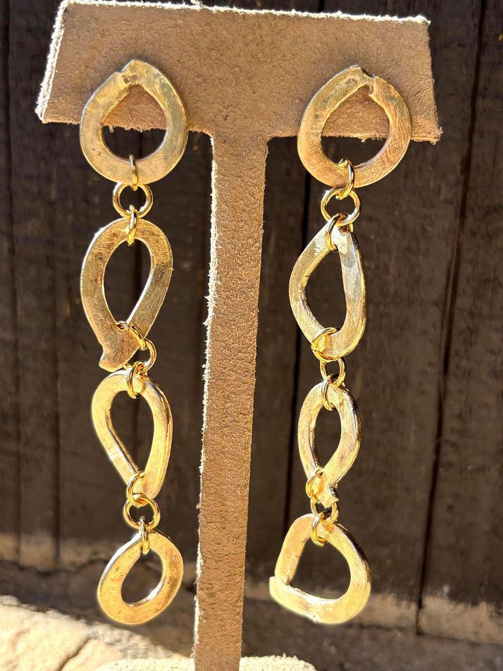 Gold Dangle Earring Statement Piece Bold Geometric Brass Design Elegant Jewelry Gift Boxed Fancy Accessory Modern Style Bohemian Inspired