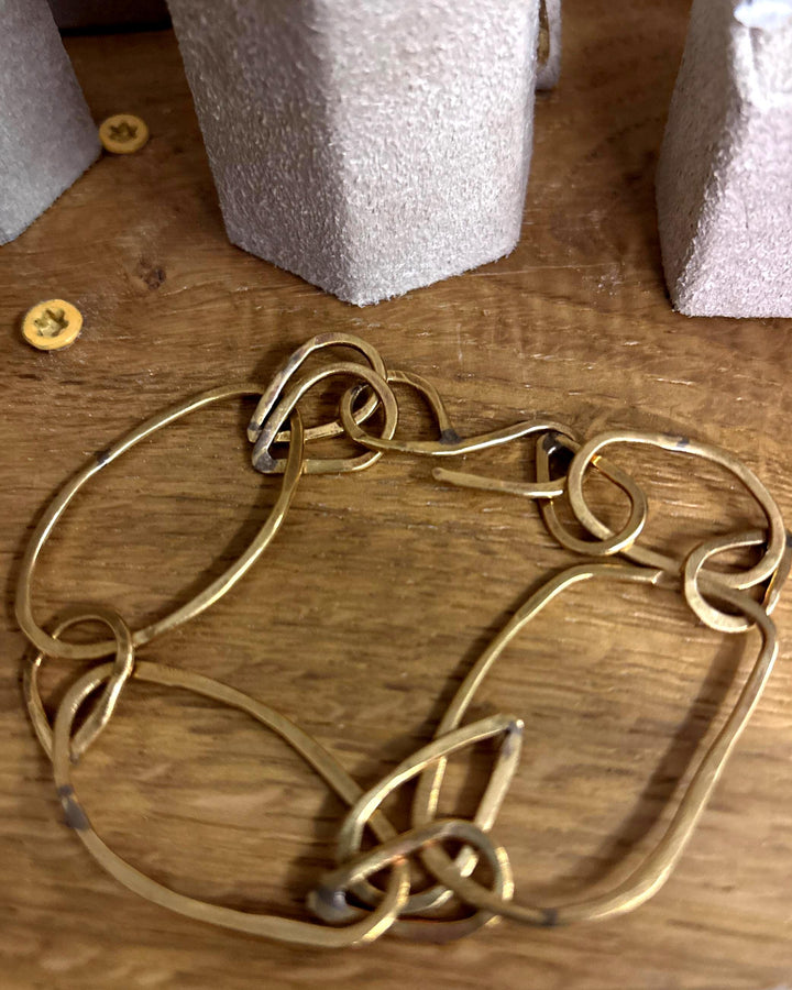 Brass Link Bracelet – Hand Forged Organic Chain Bracelet, Sculptural Elongated Link Jewelry, Tarnish & Allergy Resistant Everbrite Coated
