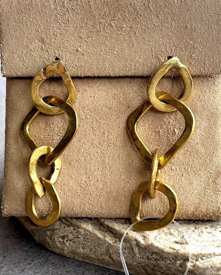 Brass Link Chain Earrings – Hand Forged Organic Link Dangle Earrings, Sterling Silver Posts, Sculptural Statement Chain Jewelry