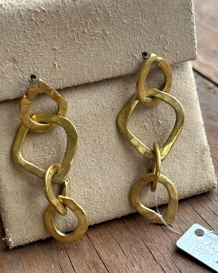 Brass Link Chain Earrings – Hand Forged Organic Link Dangle Earrings, Sterling Silver Posts, Sculptural Statement Chain Jewelry