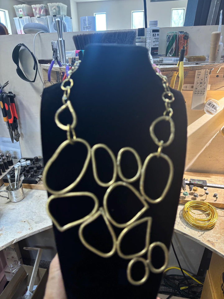 Large Modern Statement Necklace for Women – Handmade Sculptural Chain Necklace – Asymmetrical Gold Collar – Bold Artisan Jewelry Gift