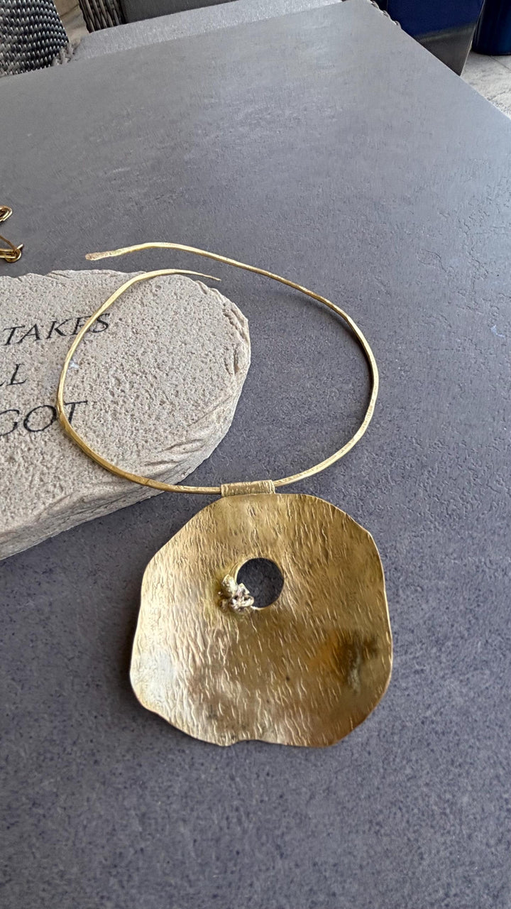 Hand Hammered Brass Statement Choker Necklace | Organic Sculptural Pendant | Bold Artisan Collar | Modern Minimalist Jewelry | Gift for Her