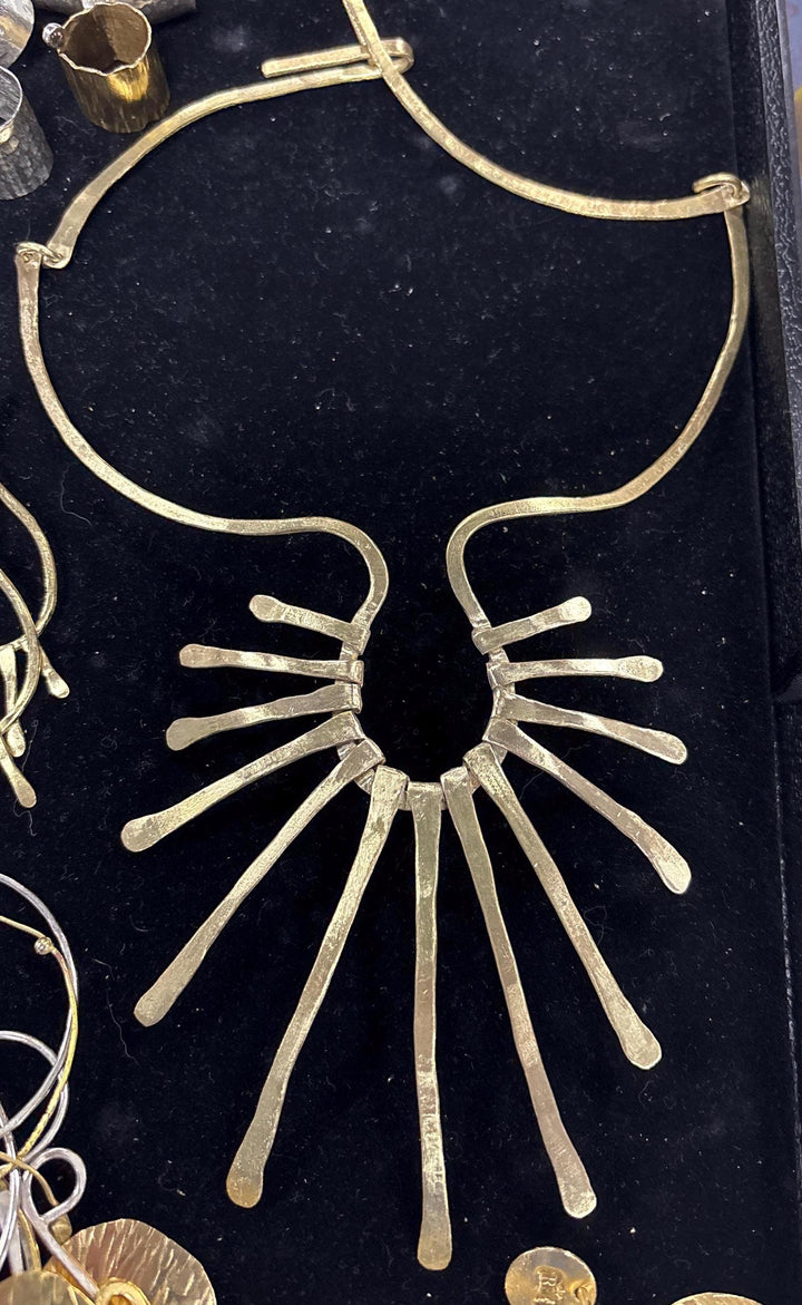 Hammered Brass Sunburst Collar Necklace | Statement Fringe Bib Necklace | Hand Forged Modern Tribal Jewelry | Bold Artisan Necklace