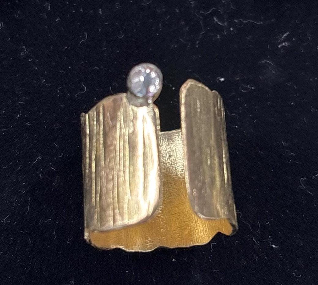 Hammered Brass Cuff Ring with Sterling Silver Dot | Adjustable Statement Ring | Mixed Metal Artisan Jewelry | Hand Forged Modern Ring