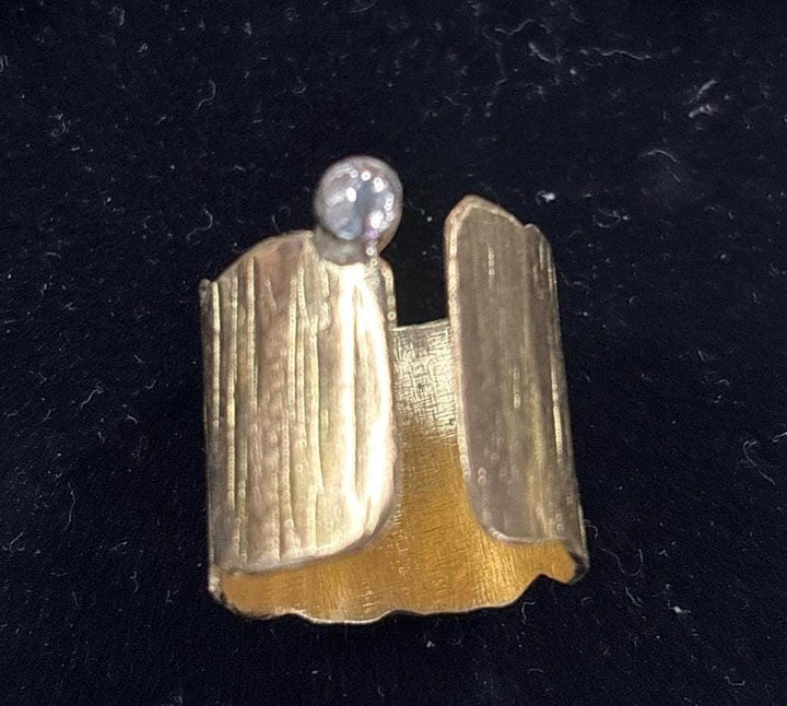 Hammered Brass Cuff Ring with Sterling Silver Dot | Adjustable Statement Ring | Mixed Metal Artisan Jewelry | Hand Forged Modern Ring