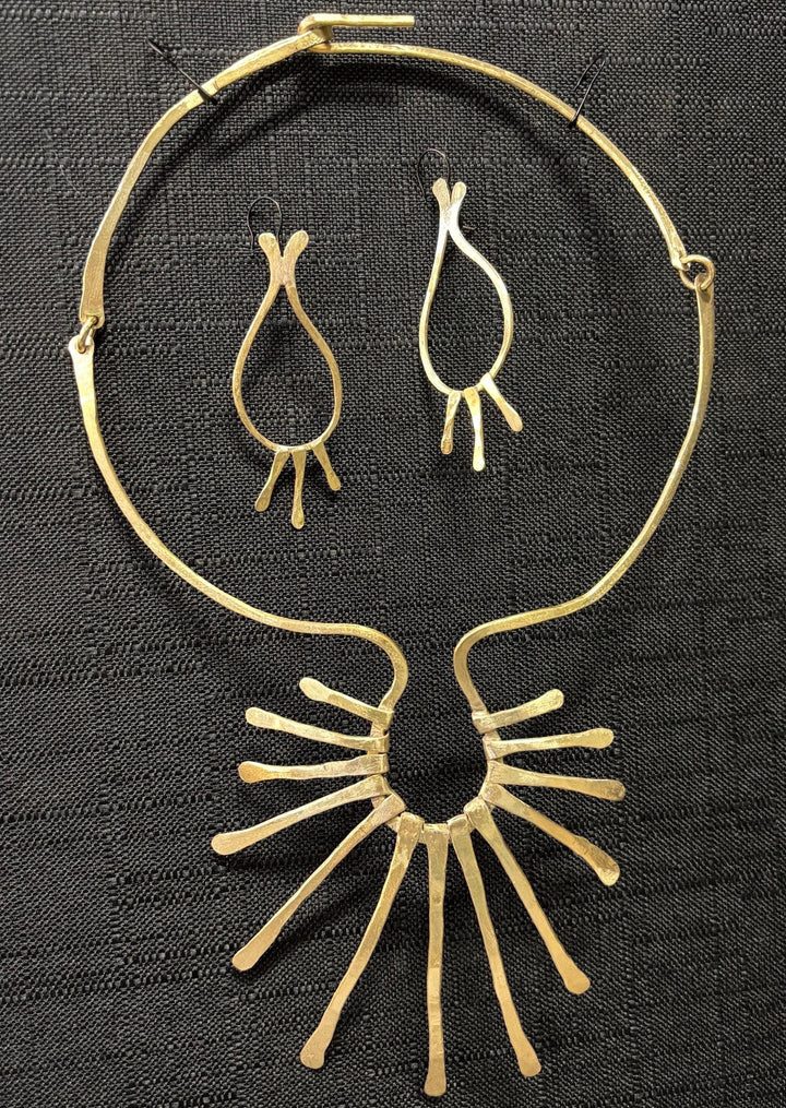 Hammered Brass Sunburst Collar Necklace | Statement Fringe Bib Necklace | Hand Forged Modern Tribal Jewelry | Bold Artisan Necklace
