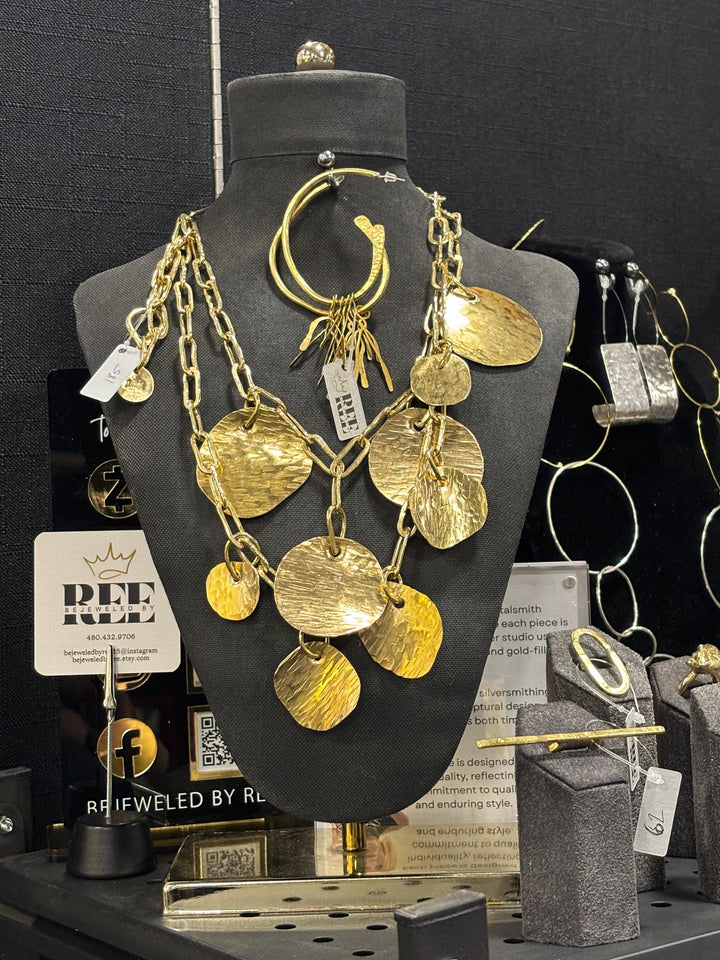 Gold Charm Necklace Hammered Brass Statement Necklace Boho Coin Necklace Artisan Gold Disc Necklace Layered Charm Jewelry Handmade Gift